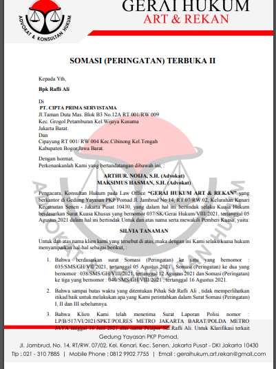 SOMASI (PERINGATAN) TERBUKA II Kepada Yth, Bpk Rafli Ali Di PT. CIPTA PRIMA SERVISTAMA