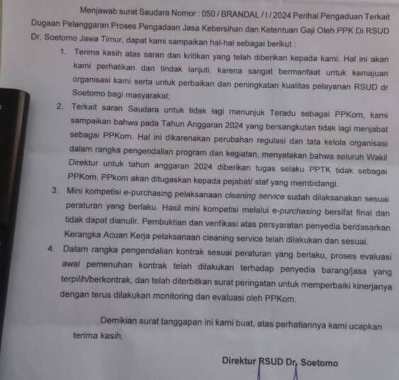 RSUD Dr. Soetomo Mengklarifikasi Surat Pengaduan LSM BRANDAL ke BPK RI.