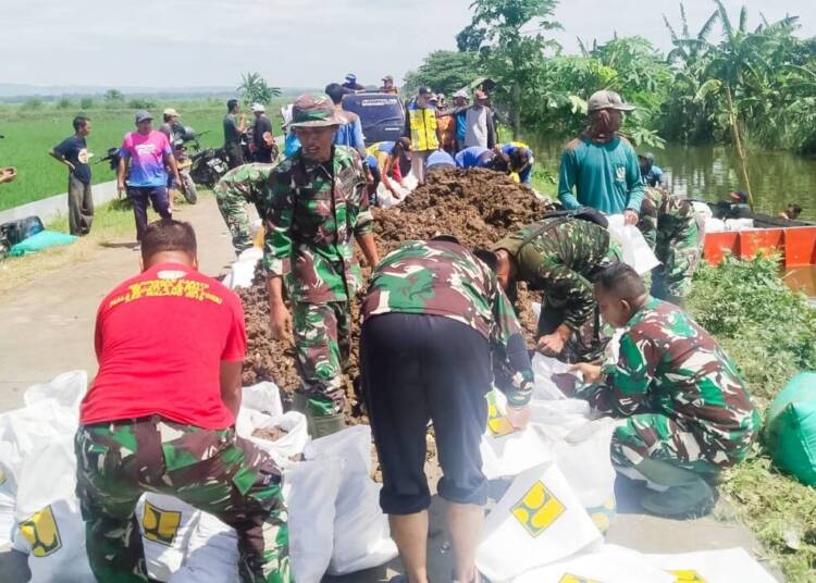 Babinsa Koramil Kanor dan Warga Perbaiki Tanggul Ambrol di Kedungprimpen