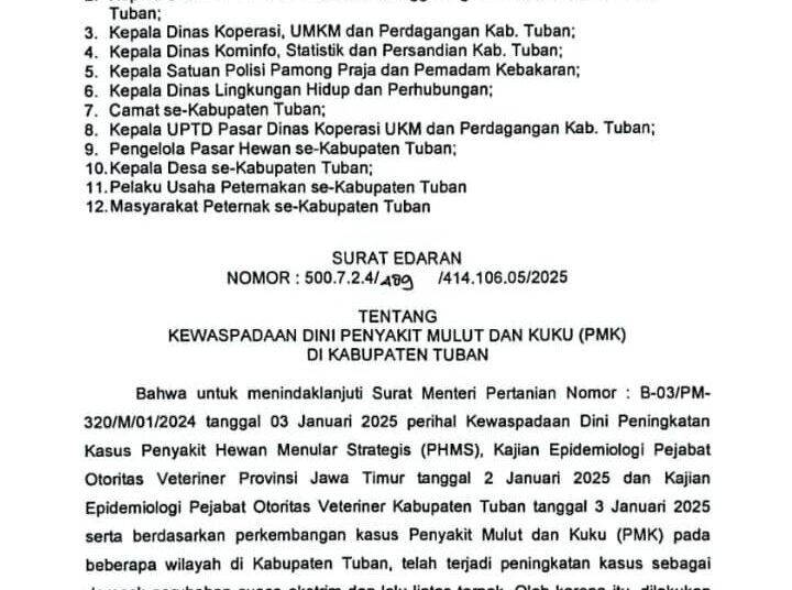 Pemkab Tuban Terbitkan SE Terkait Kewaspadaan PMK