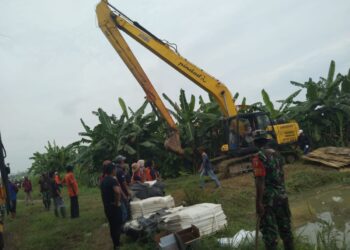 Sigap! Personil Gabungan di Lamongan Perbaiki Tanggul Bengawan Solo Jebol