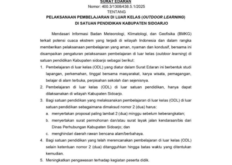 Plt Bupati Sidoarjo Keluarkan SE, Sekolah Diminta Tangguhkan Hal Ini