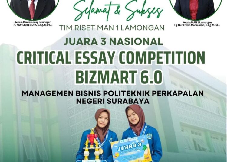 MAN 1 Lamongan Juara 3 Nasional di Critical Essay Competition Bizsmart 6.0
